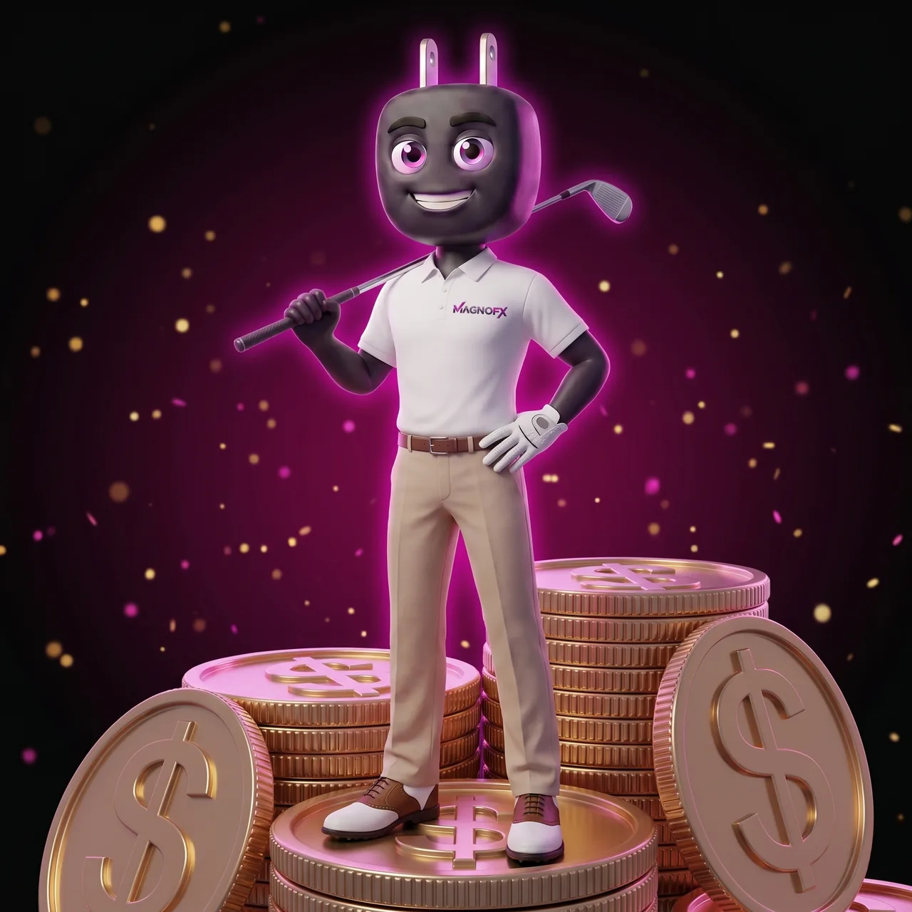 MagnoFX mascot dressed as a golfer on a stack of dollar coins