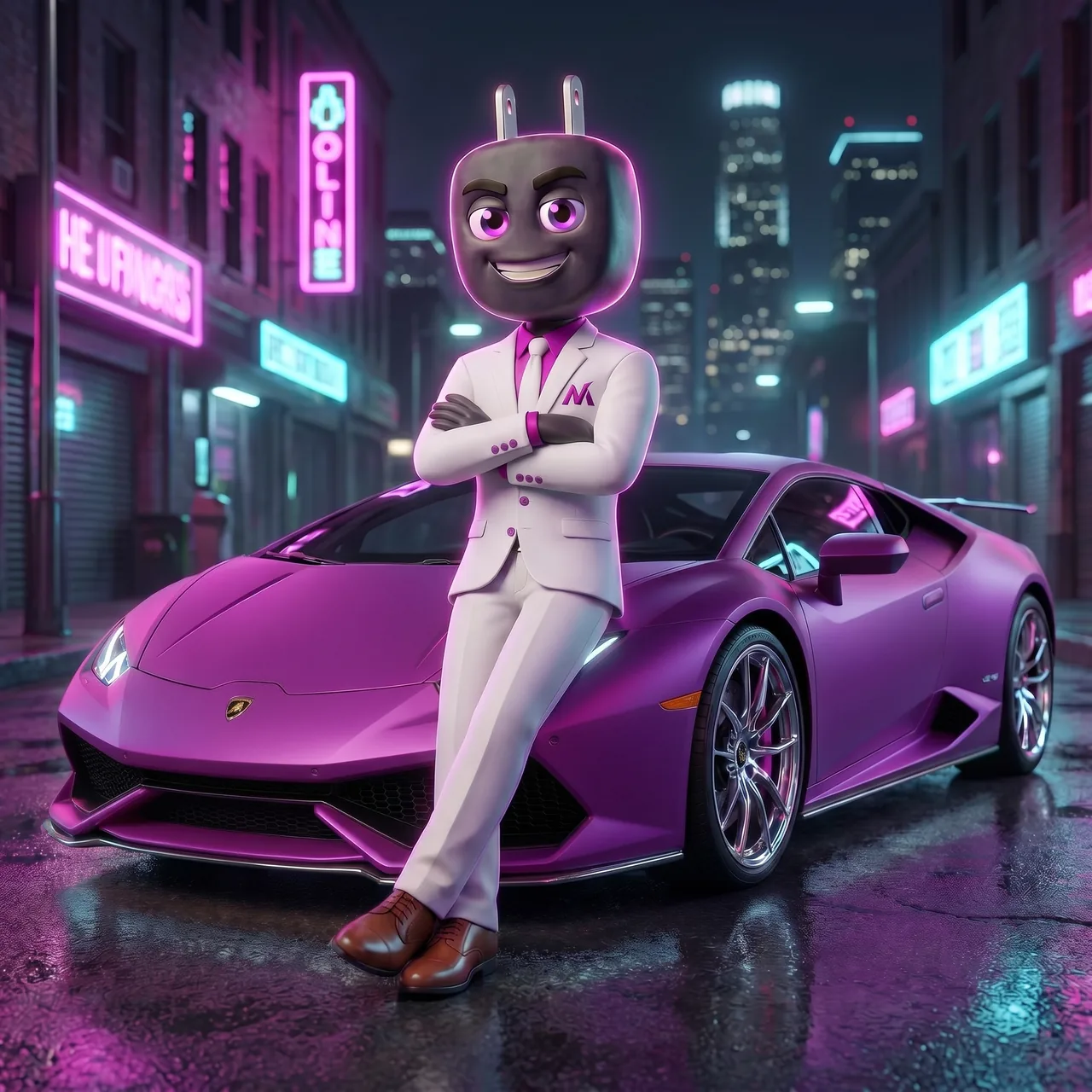 MagnoFX mascot leaning on a matte magenta Lamborghini at night