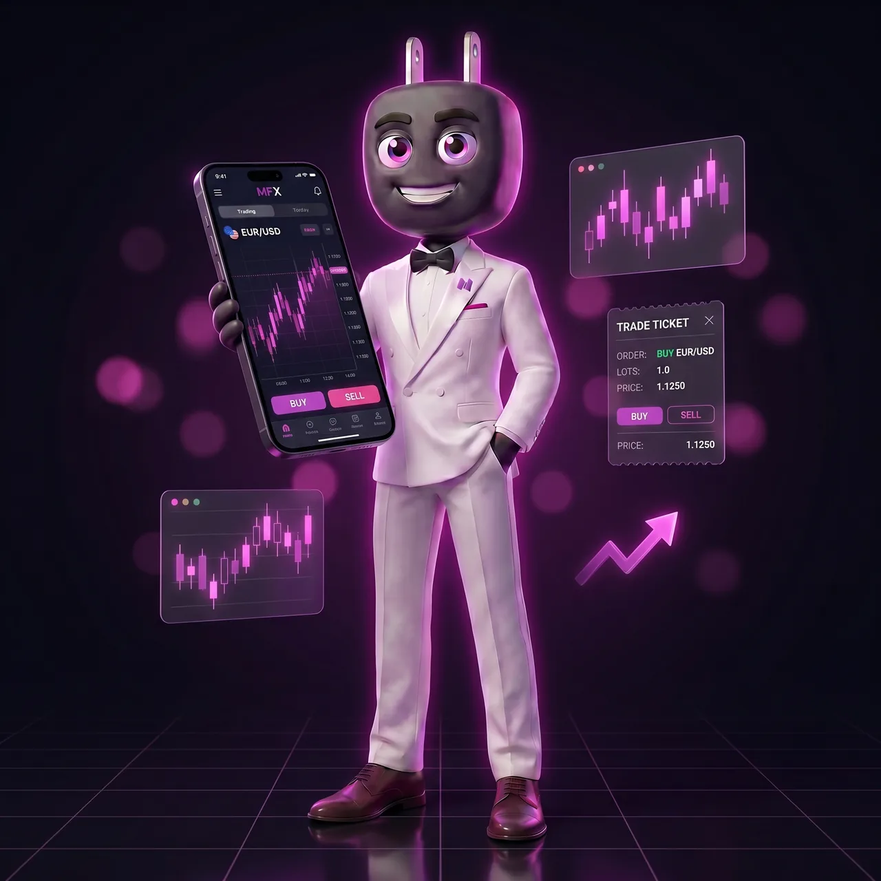 MagnoFX mascot holding phone with live trading platform